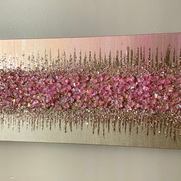 Pink and gold glass gem art, pink gem art, pink glass art, pink and gold glitter glass art, pink and gold abstract art, abstract art