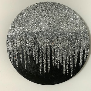 Black and silver glitter glass painting, black and silver wall decor, black glitter art, silver glitter painting, Abstract Art