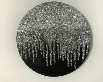 Black and silver glitter glass painting, black and silver wall decor, black glitter art, silver glitter painting, Abstract Art