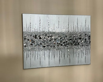 Silver Glitter Painting, Silver Glitter Glass Painting, Silver glam art, Abstract Painting, Glitter Art, Wall Decor