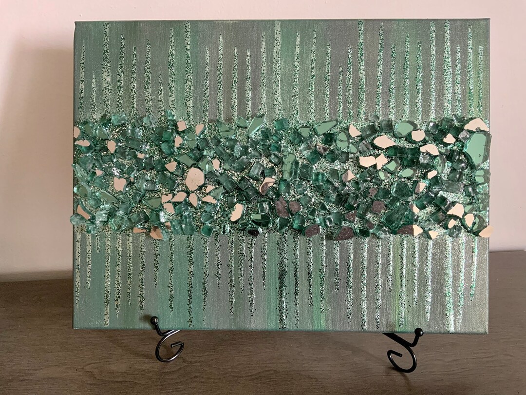 Green Glitter Glass Painting, Green Glitter Painting, Green Glass