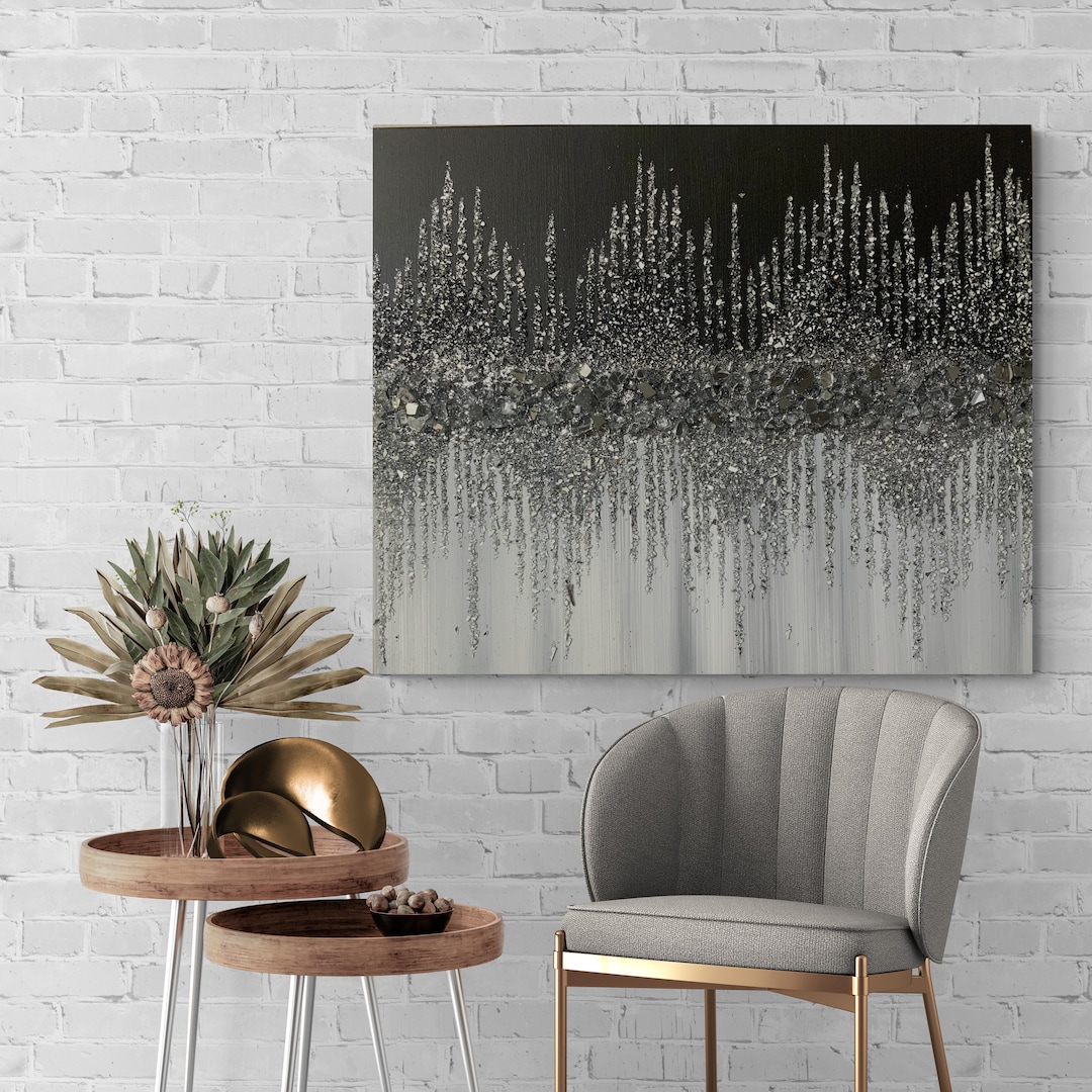 Black and Silver Glitter Glass Painting, Silver Glitter Painting, Black