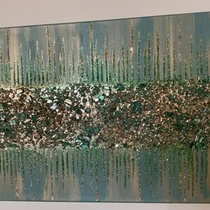 Green and gold glitter painting, Green and gold glass painting, Green glass painting, Gold glass painting, Green wall decor, Green Art