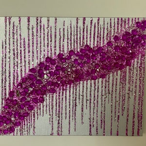 Magenta and silver glitter glass painting, silver and pink gem painting, pink and silver glitter painting, pink and silver abstract painting