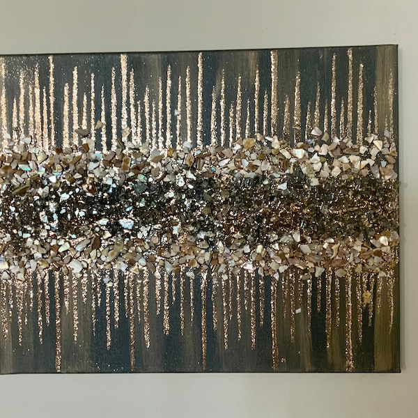 Gray and gold glitter painting, Gold and gray glass painting, Gray shell painting, Glass painting, Glitter painting, Abstract Art