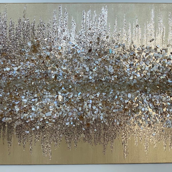 Champagne gold glitter painting, Gold glass painting, Gold shell painting, Glass painting, Glitter painting, Abstract Art, Wall decor