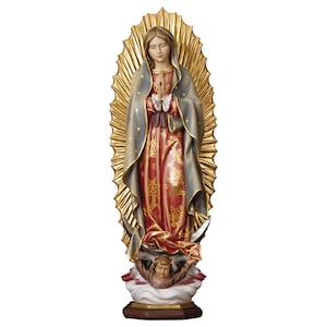 Estatua de la Virgen de Guadalupe tallada en madera de Valgardena y decorada a mano, de producción artesanal italiana