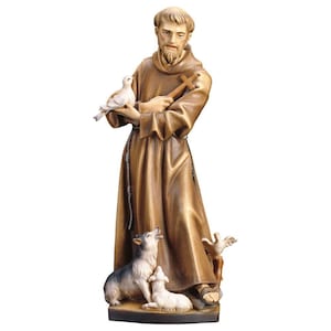 Statue of Saint Francis of Assisi carved in Valgardena wood and hand decorated, Italian artisan production