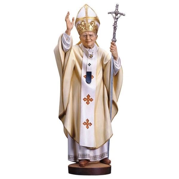 Statue of Saint Pope John Paul II carved in Valgardena wood and hand-decorated, of Italian artisan production
