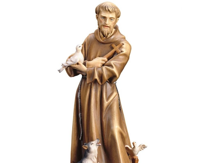 Statue of Saint Francis of Assisi carved in Valgardena wood and hand decorated, Italian artisan production