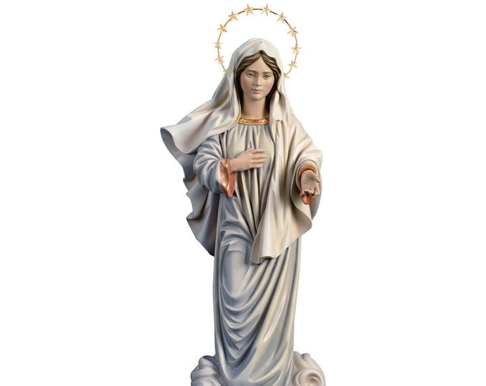 Statue of Our Lady of Medjugorje with radial, carved in wood from Valgardena and hand-decorated with Italian craftsmanship