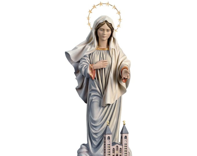 Statue of Our Lady of Medjugorje with church and ray, carved in wood of Valgardena and hand-decorated with Italian craftsmanship