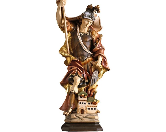 Statue of San Floriano carved in Valgardena wood and decorated by hand, of Italian artisan production