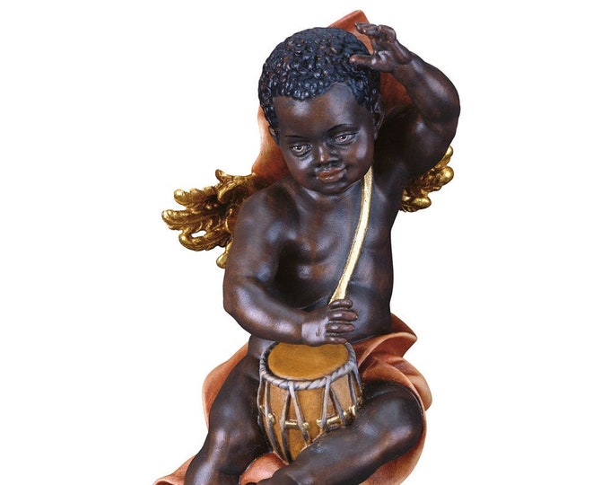 Dark-haired cherub angel with drum, carved in Valgardena wood and hand-decorated, Italian artisan production