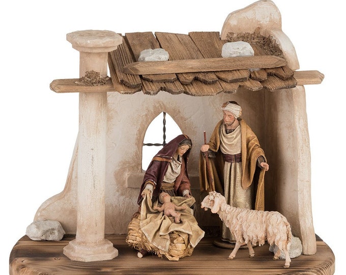 Nativity scene carved in valgardena wood and decorated by hand, with hut, various sizes available, Italian artisan production