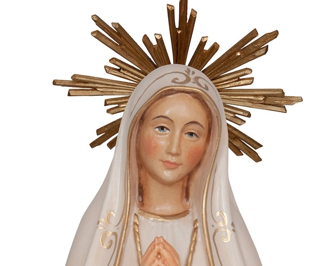 Statue of Our Lady of Fatima and three shepherd children carved in Val Gardena wood and hand decorated of Italian artisan production