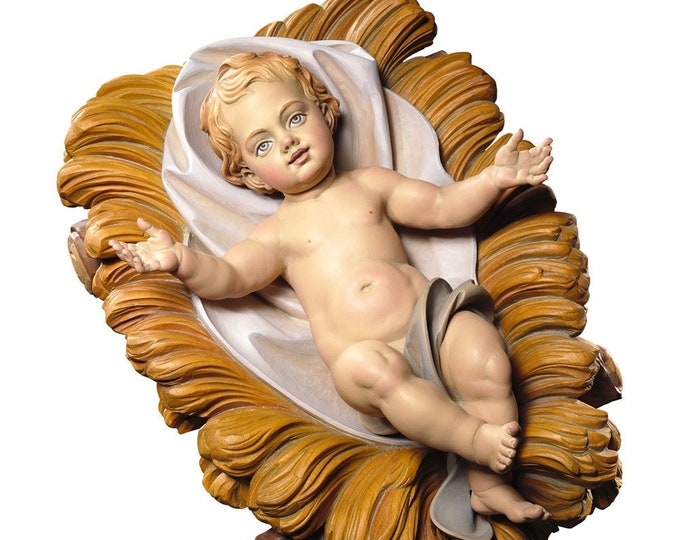 Sculpture statue of baby Jesus with cradle, carved in Val Gardena wood and hand decorated of Italian artisan production