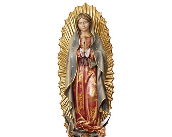 Standbeeld van de Madonna van Guadalupe, gesneden in Valgardena-hout en met de hand versierd, van Italiaanse ambachtelijke productie