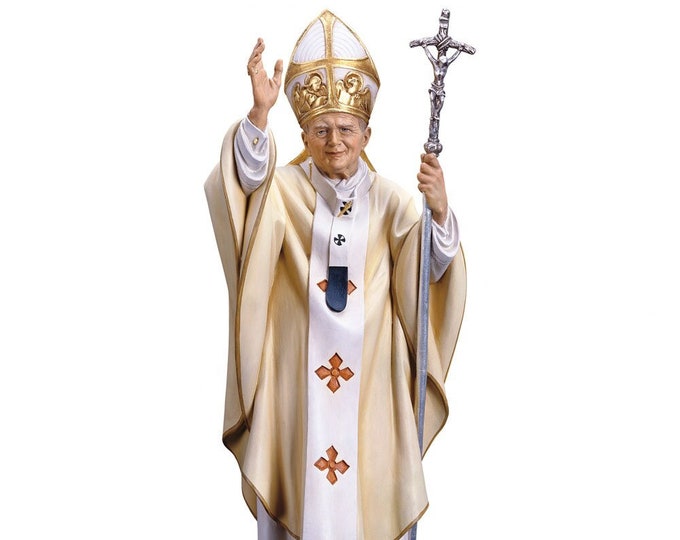 Statue of Saint Pope John Paul II carved in Valgardena wood and hand decorated, Italian artisan production