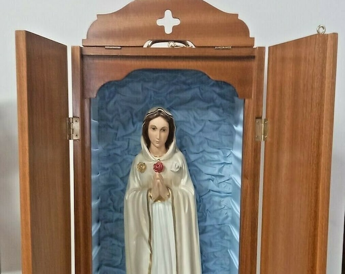Wooden display case, handcrafted, 73 cm (28.74 inches) with fabric interior and Maria Rosa Mistica statue 45 cm (17.71 inches) with closing doors