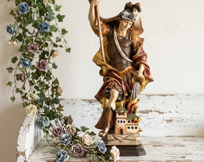 Statue of Saint Florian carved from Valgardena wood and hand-decorated, handcrafted in Italy.