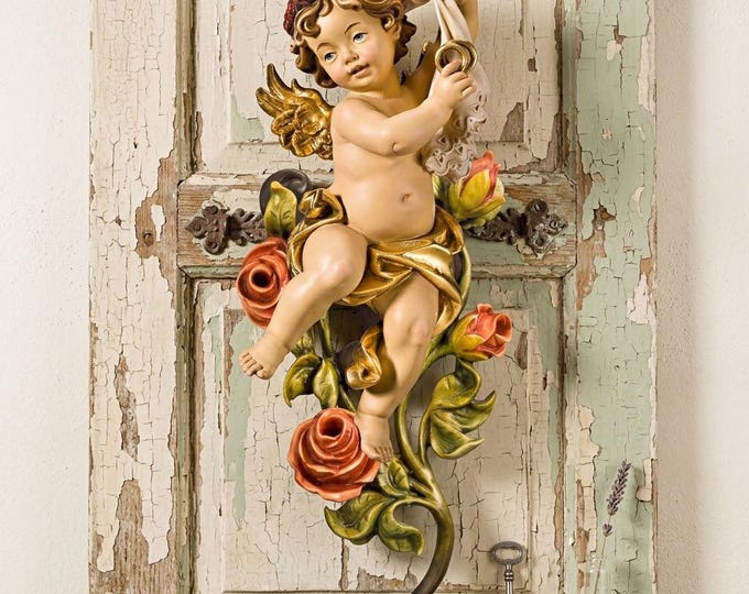 Angel, putto with wedding rings and roses carved in Valgardena wood and decorated by hand, various available, handcrafted in Italy