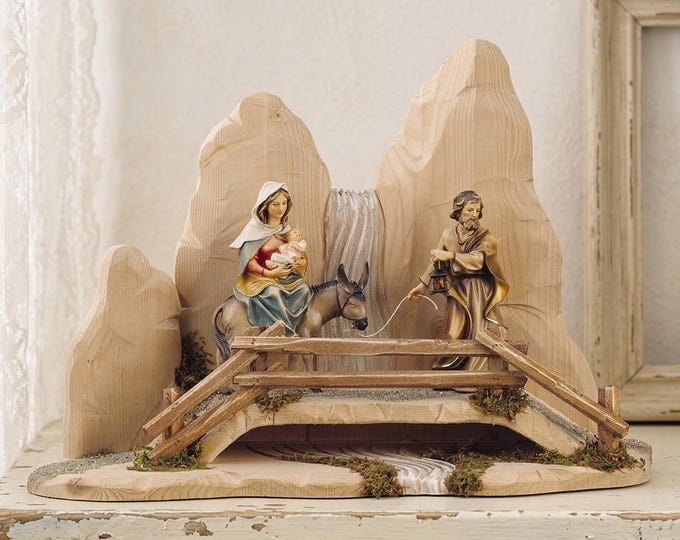 The Flight into Egypt sculpture statue, carved from Valgardena wood and hand-decorated, handcrafted in Italy.