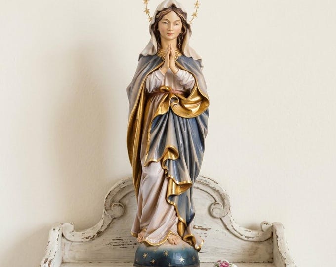 Statue of the Immaculate Madonna with 12-star halo carved in Valgardena wood, hand-decorated, Italian artisan production