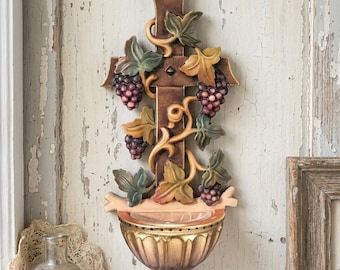 Holy water stoup with cross, carved in Valgardena wood, hand-decorated with gold leaf oil paints, made in Italy