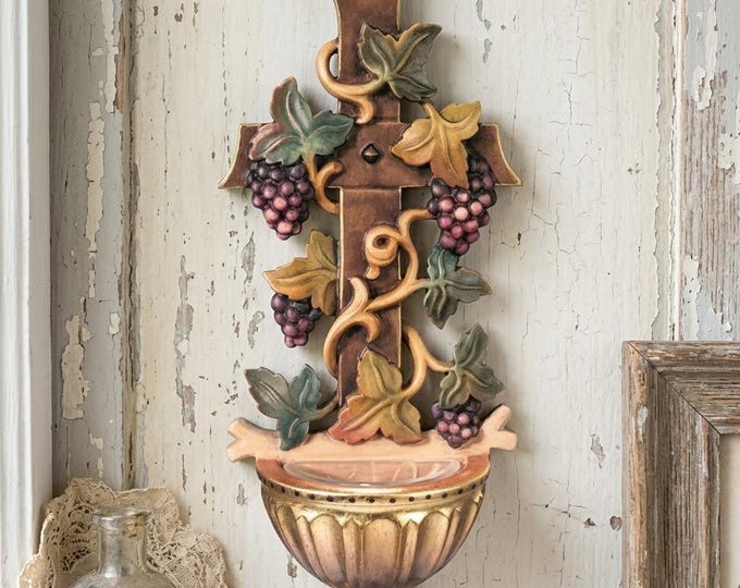 Holy water stoup with cross, carved in Valgardena wood, hand-decorated with gold leaf oil paints, made in Italy