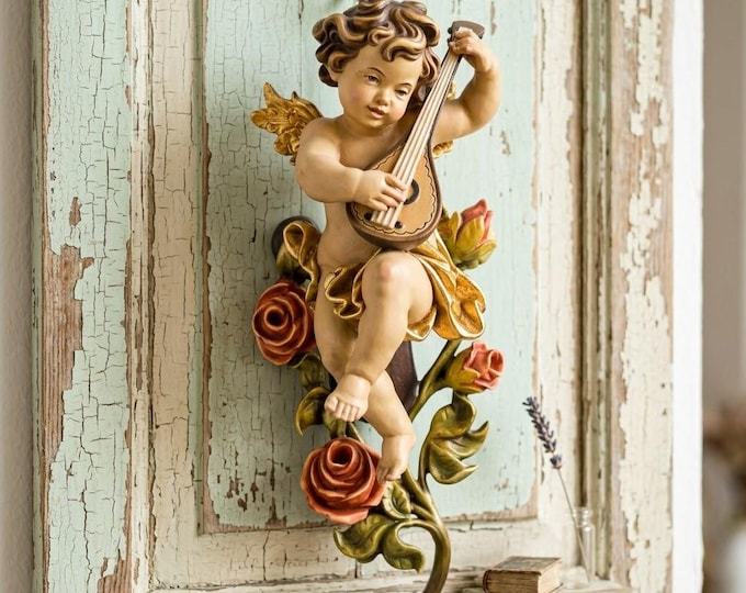 Angel, putto with mandolin and roses carved in Valgardena wood, hand-decorated, various available, handcrafted in Italy