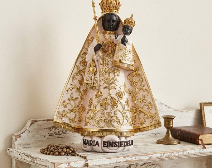 Statue of the Madonna of Einsiedeln, carved in Valgardena wood and hand-decorated, Italian artisan production