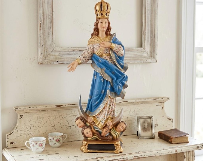 Statue of the Immaculate Conception of Our Lady with angels and crown, carved in Valgardena wood, hand-decorated, Italian artisan production.