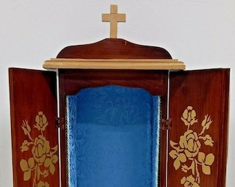 Wooden display case cm 70 (27.55 inches) with damask fabric interior for statues cm 40/45 (15.74/17.71 inches) handcrafted