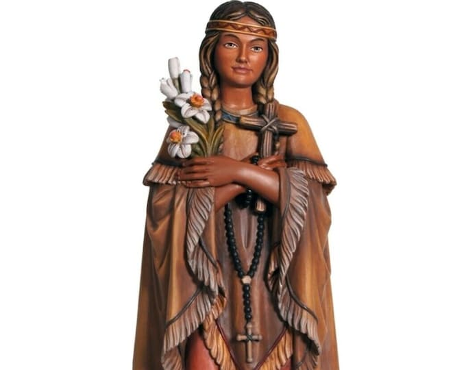 Statue of Saint Catherine Tekakwitha carved in Valgardena wood hand decorated Italian artisan production