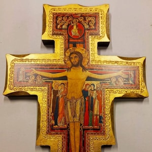 Crucifix cross of San Damiano, made of wood, handcrafted in Italy, available in various sizes