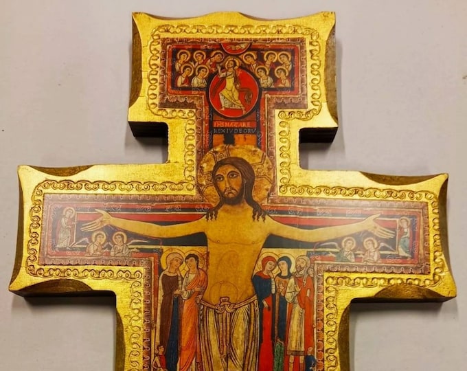 Crucifix cross of San Damiano, made of wood, handcrafted in Italy, available in various sizes