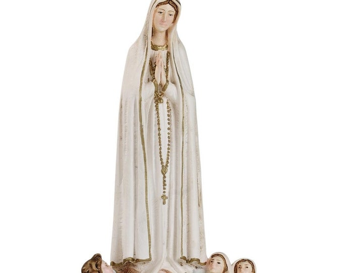 Statue of Our Lady of Fatima with three shepherdess cm 26.5 (10.43 inches) in hand-decorated resin marble of Italian craftsmanship