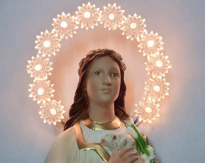 Statue of Saint Agnes cm 40 (15,74 inches) with luminous halo, in resin decorated by hand Italian artisan production