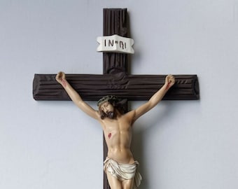 Cross crucifix to hang, cm 54 x 27 (21.25 x 10.62 inches) in solid resin marble decorated by hand of artisan production
