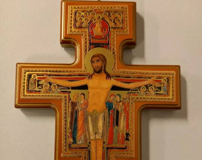 Crucifix cross of San Damiano, 26 x 19.5 cm (10.23 x 7.67 inches) in wood with hot gold stamping, Italian artisan production