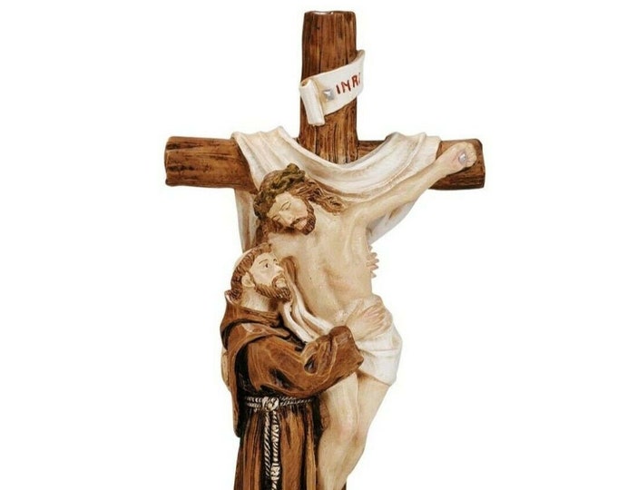 Statue of Saint Francis of Assisi with Jesus cm 30 (11.81 inches) in marble resin full decorated by hand of Italian artisan production