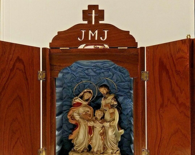 Wooden display case, handcrafted, with fabric interior, with 24 cm (9.44 inches) resealable statue of the Holy Family in resin marble