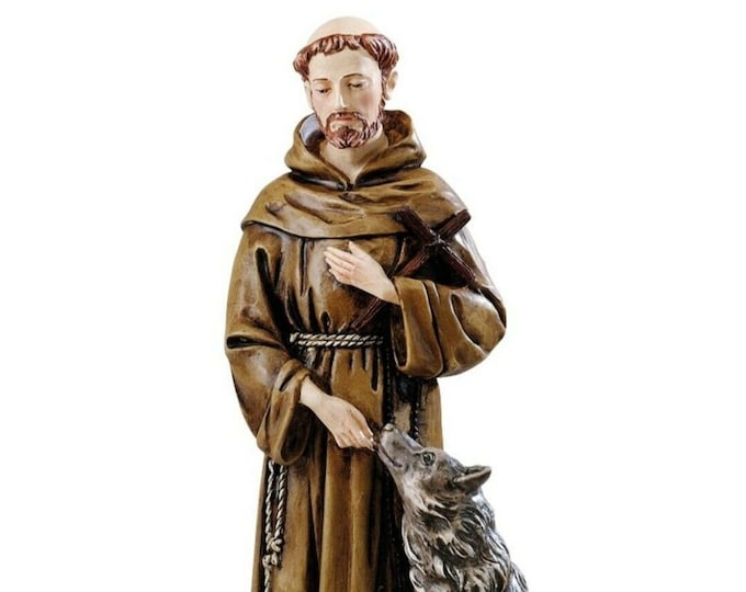 Statue of Saint Francis of Assisi cm 32 (12.59 inches) in marble resin full decorated by hand of Italian artisan production