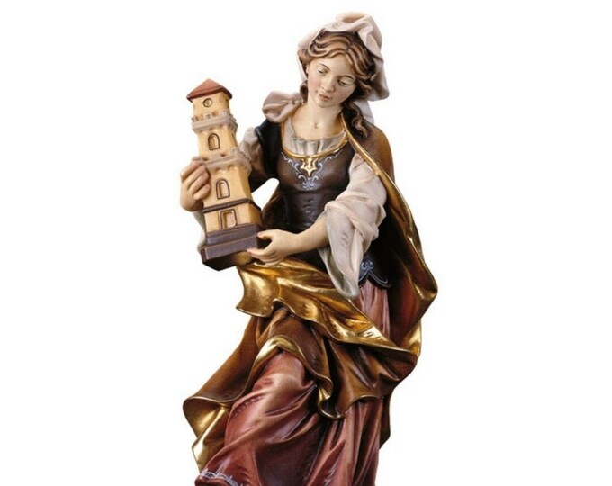 Statue of Saint Barbara carved in Valgardena wood and hand decorated, Italian artisan production