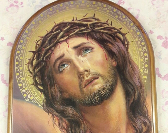 Painting of the Face of Christ in solid wood 42 x 32 cm (16.53 x 12.59 inches) of Italian artisan production