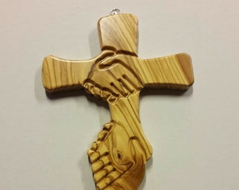 Friendship cross crucifix, cm 28 x 17,5 (11,02 x 6,88 inches) in olive wood of Italian handicraft production