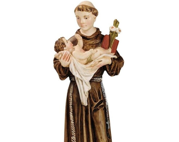 Statue of Saint Anthony of Padua cm 21 (8.26 inches) in marble resin hand decorated, Italian artisan production
