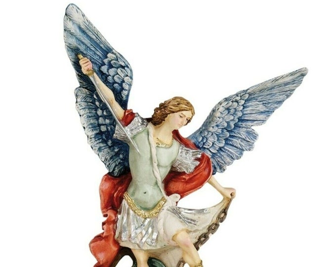 Statue of Saint Michael the Archangel in marble resin full decorated by hand of Italian artisan production