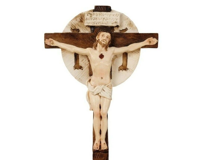 Crucifix cm 29 x 14 (11,41 x 5,51 inches) in resin marble decorated by hand of Italian artisan production